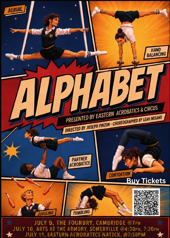 ALPHABET show poster &mdash; comic-book style illustration of young circus artists performing aerial, hand balancing, juggling, and partner acrobatics