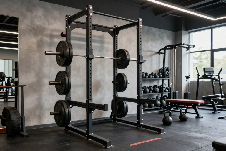 Strength and conditioning area with power rack and free weights